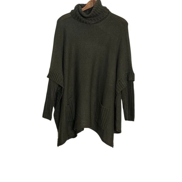Design Lab Lord & Taylor Turtle Neck Knitted Ribbed Trim Pocho Sweater Green XS - Picture 3 of 11